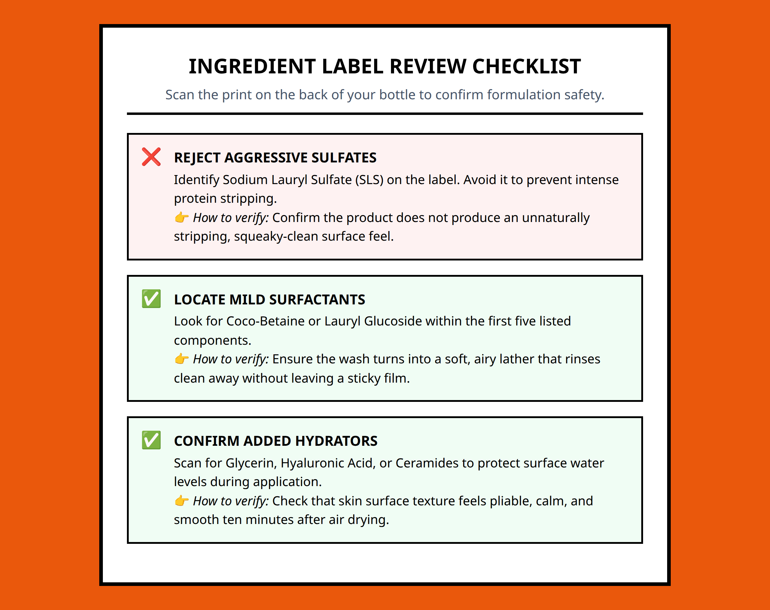 Checklist for verifying cleanser ingredients to avoid harsh surfactants and look for soothing elements