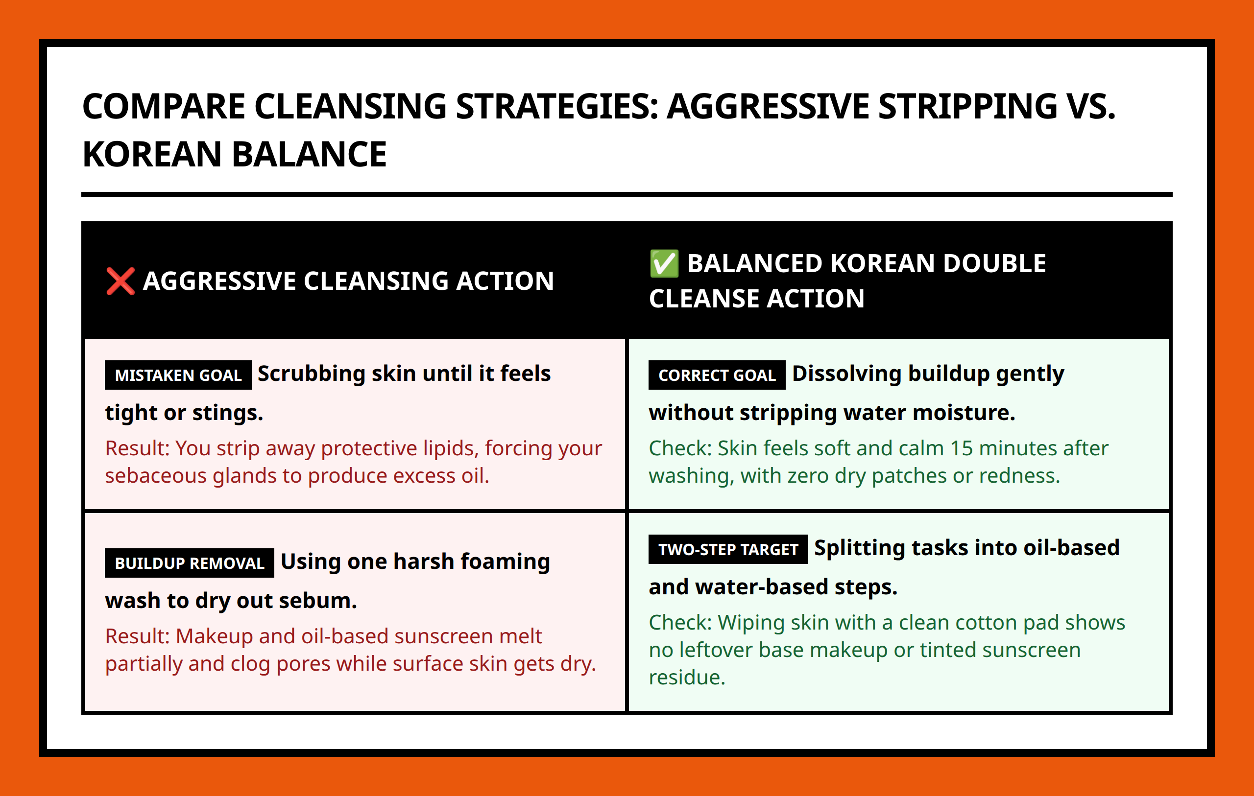 Comparison table contrasting harsh anti acne cleansers with balanced Korean dual cleansing methods
