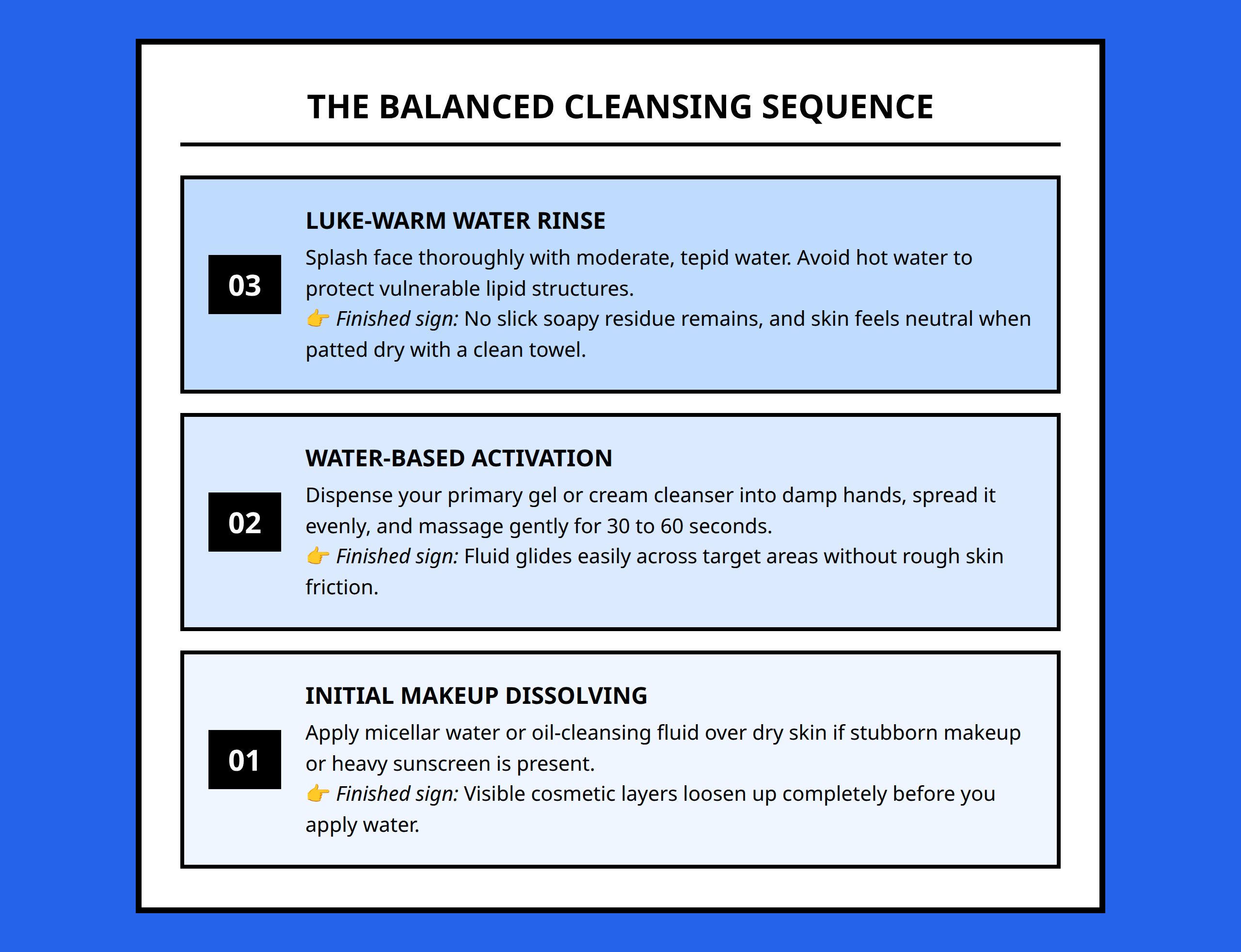 Step ladder infographic showing correct steps for an efficient and safe cleansing routine