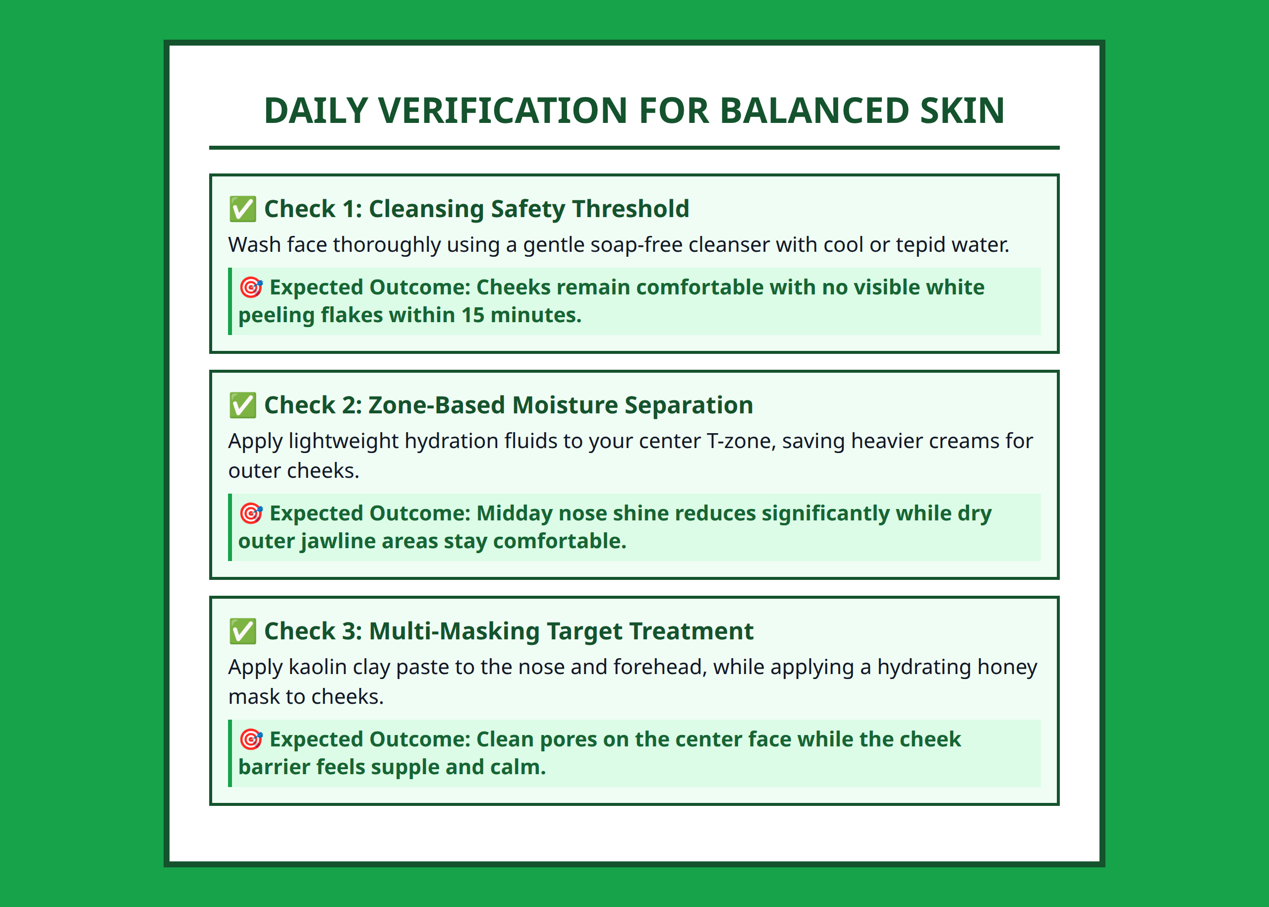 skincare validation checklist checking for proper safe balancing actions for mixed skin.