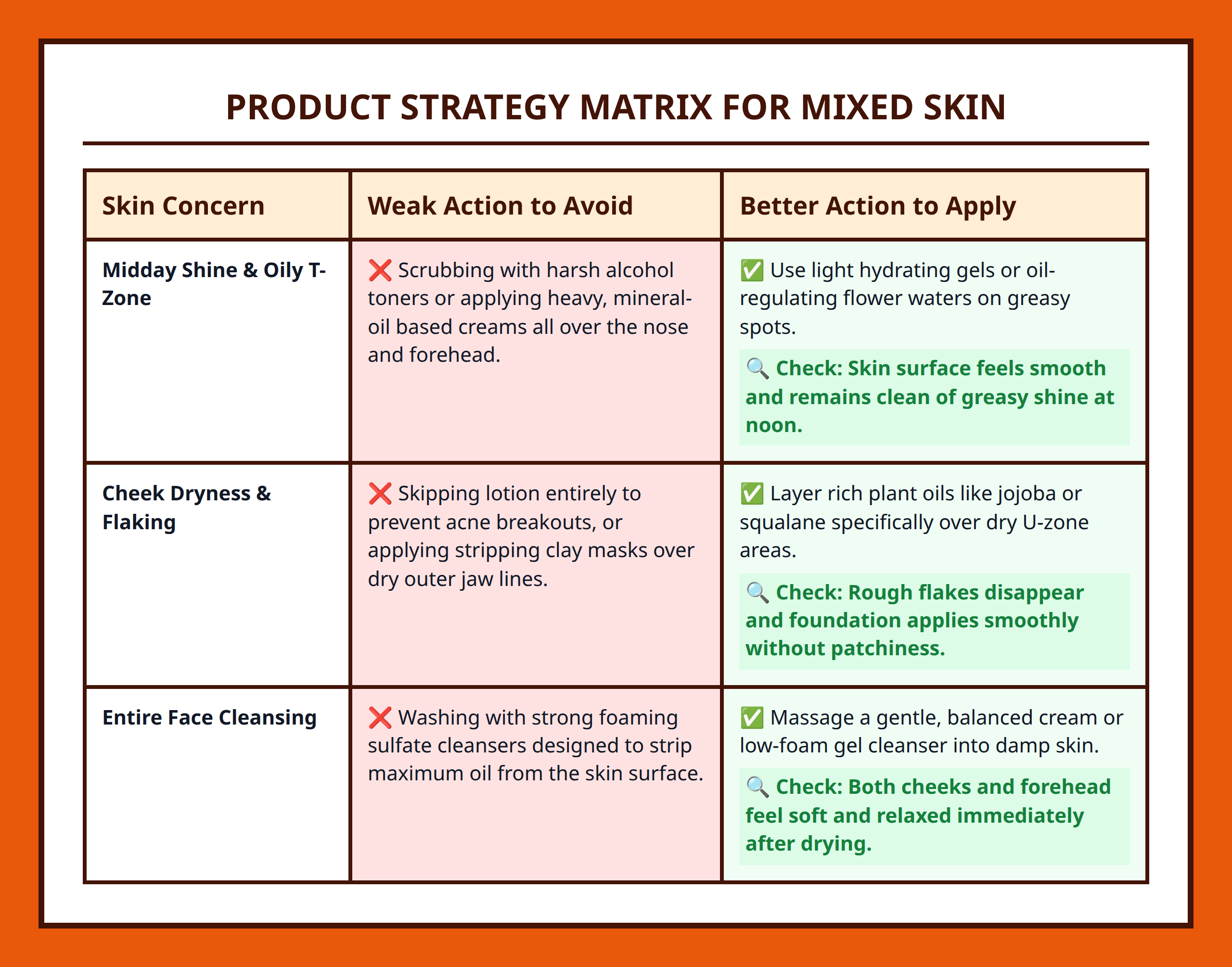 Skincare choice matrix table comparing weak generic routines with zone-based better actions.