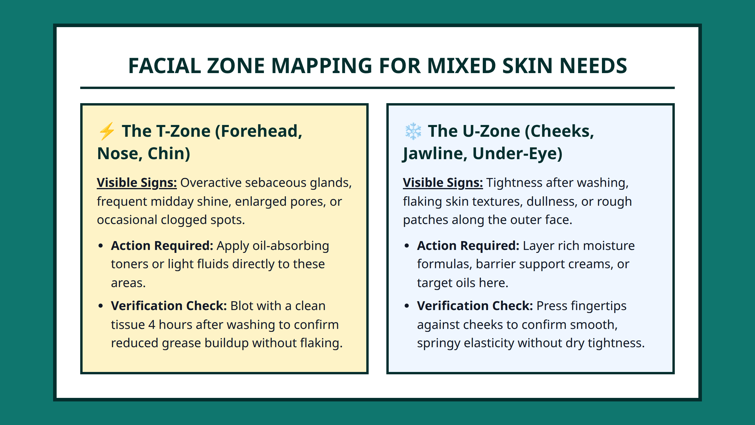 Facial zone diagram for combination skin showing oily T-zone and dry U-zone needs.