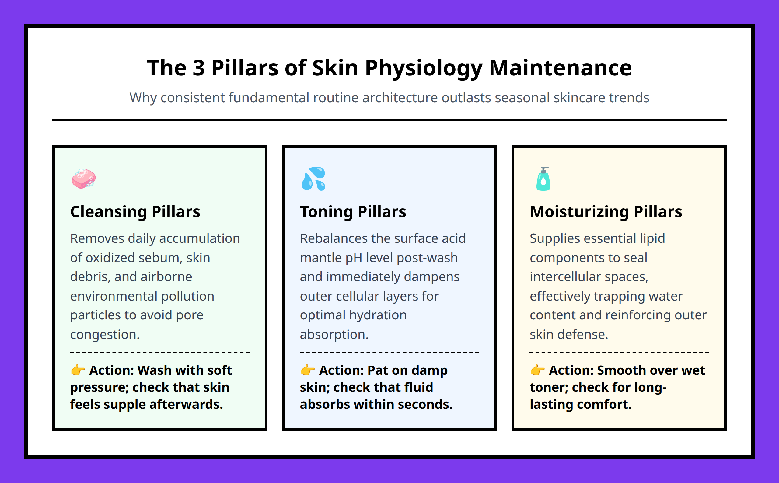 A card grid demonstrating the biological functions of cleansing toning and moisturizing for skin health