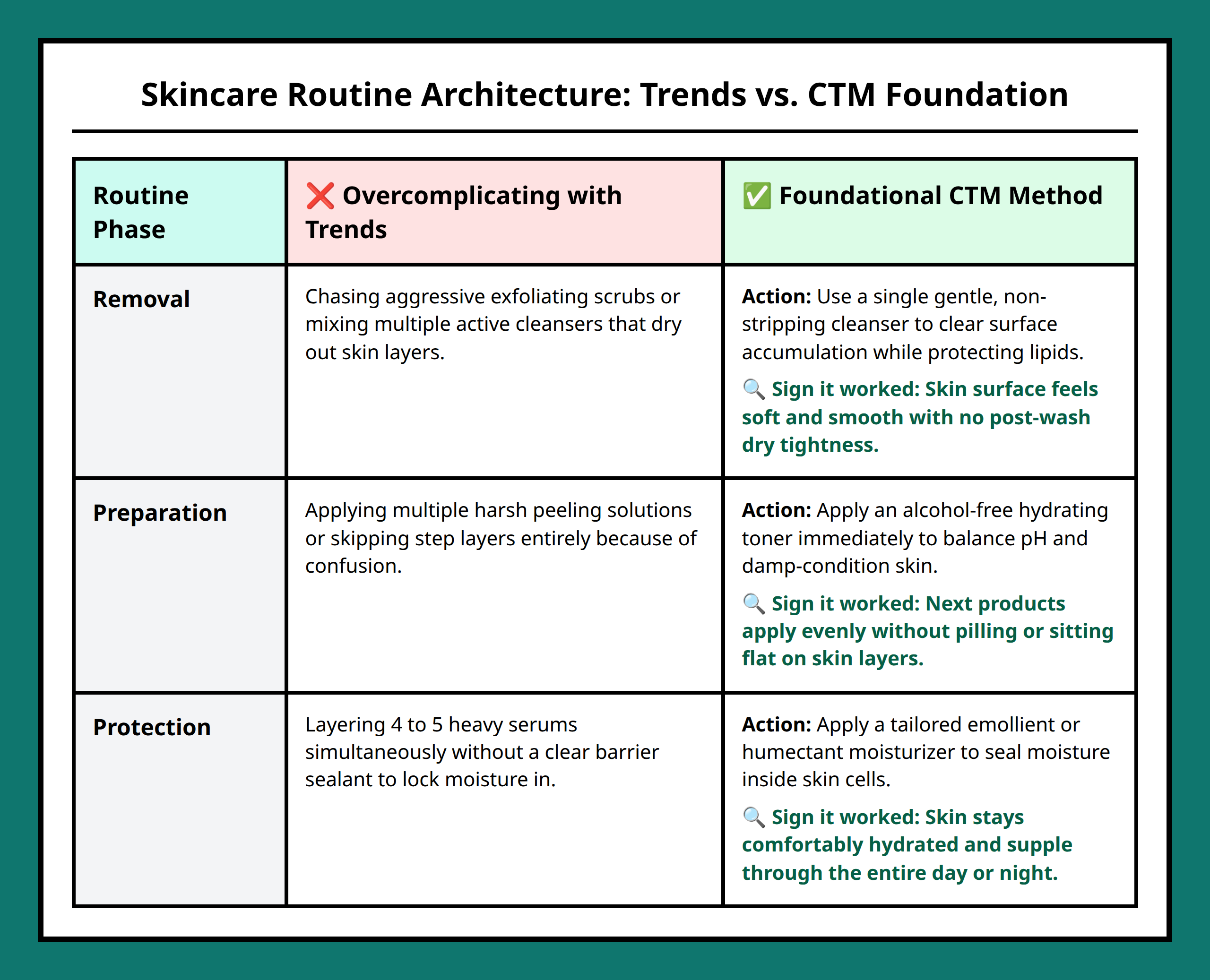 Comparison table contrasting trendy skincare overcomplications with the core CTM method steps
