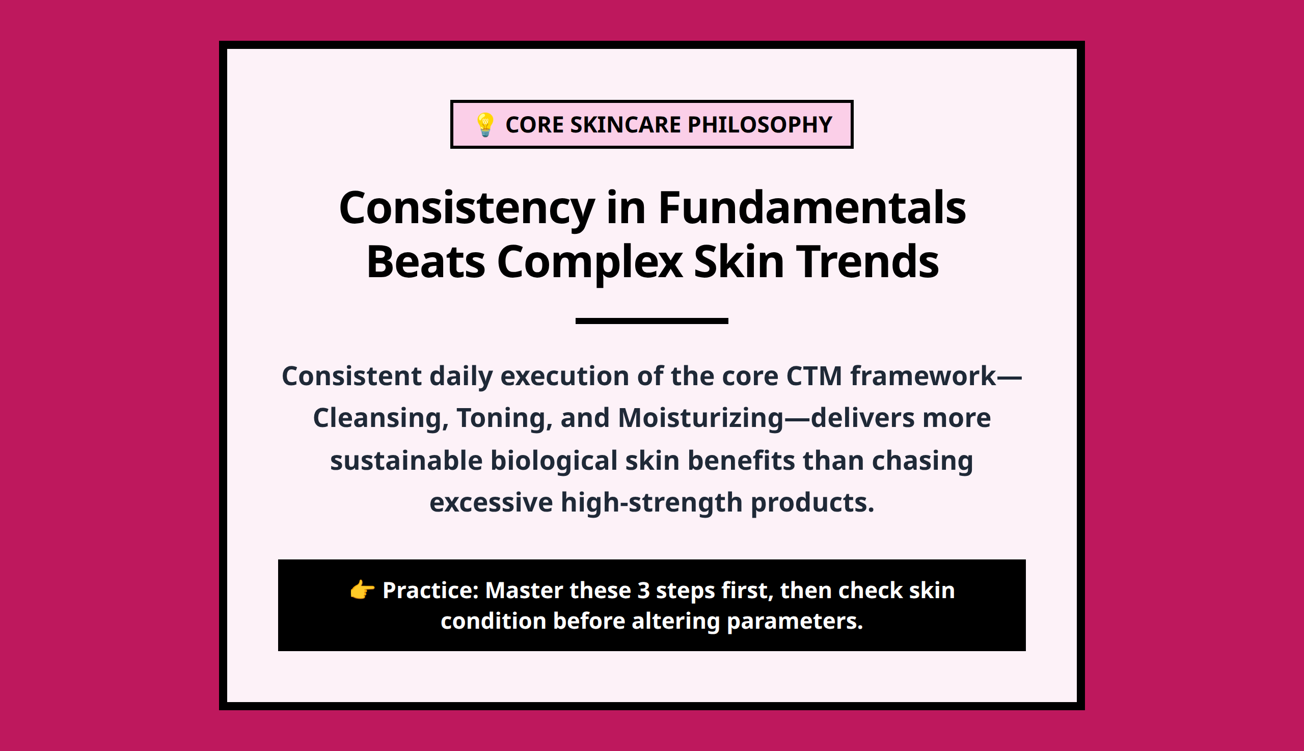 Mini poster showing the core philosophy that consistent execution of skincare fundamentals delivers sustainable benefits