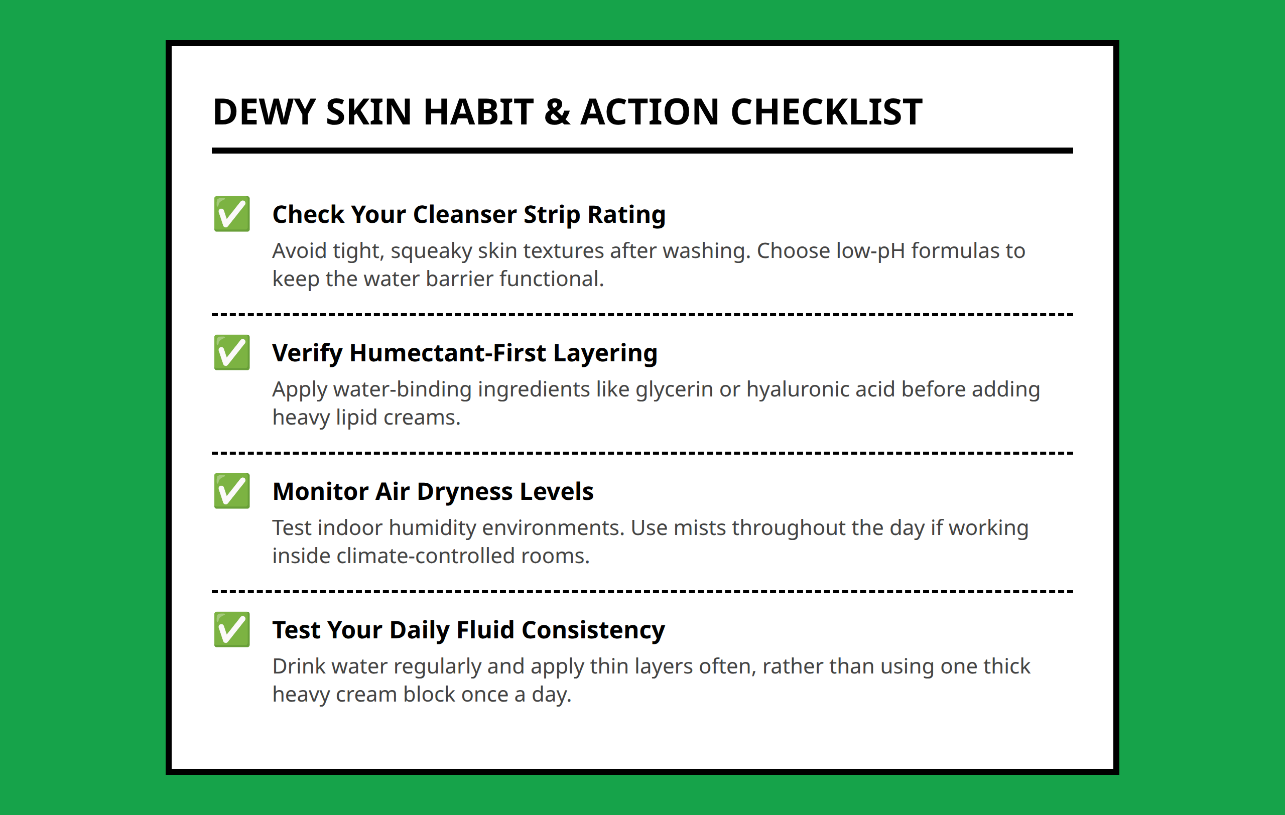 Hydration practice checklist for achieving dewy skin texture without oil buildup.