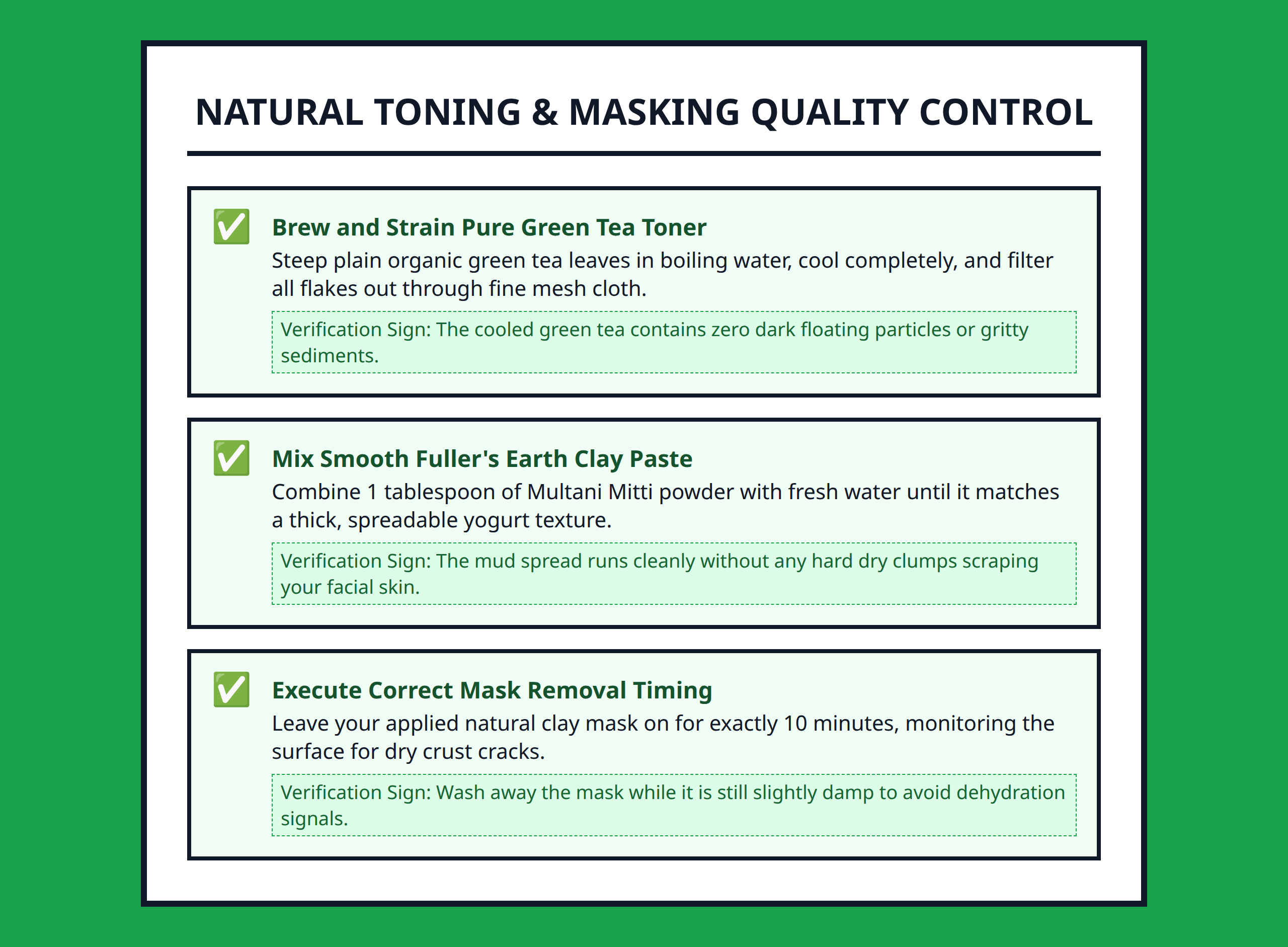 Checklist for toning and masking steps using raw kitchen solutions