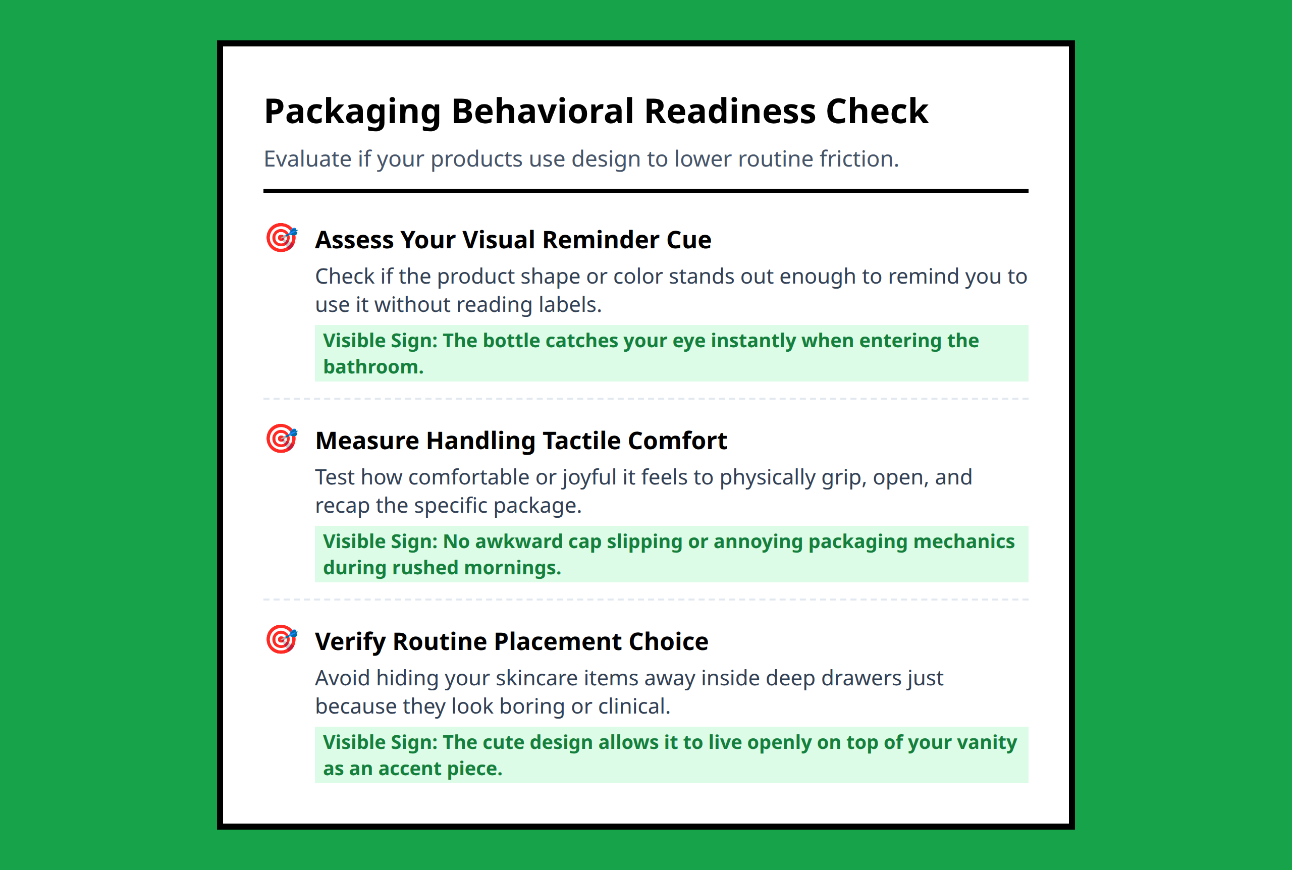 Checklist to verify if your skincare packaging supports daily habit formation consistency.