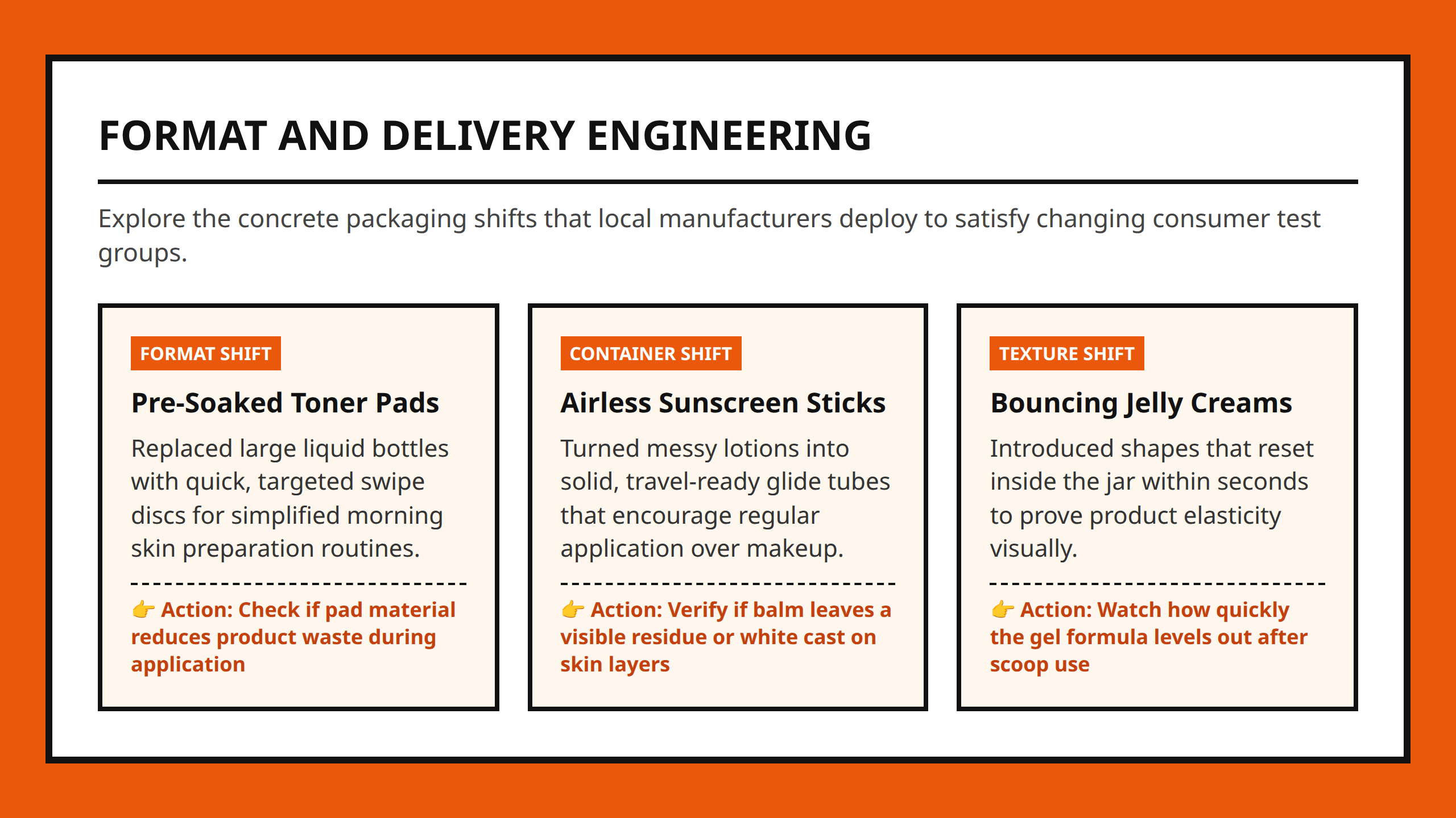 Card Grid highlighting three packaging and format innovations developed rapidly by Korean beauty brands.