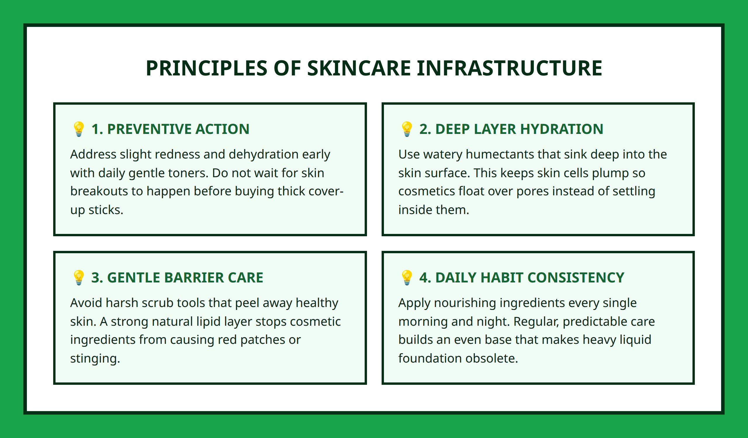 Card grid breaking down the core principles of Korean skincare consistency