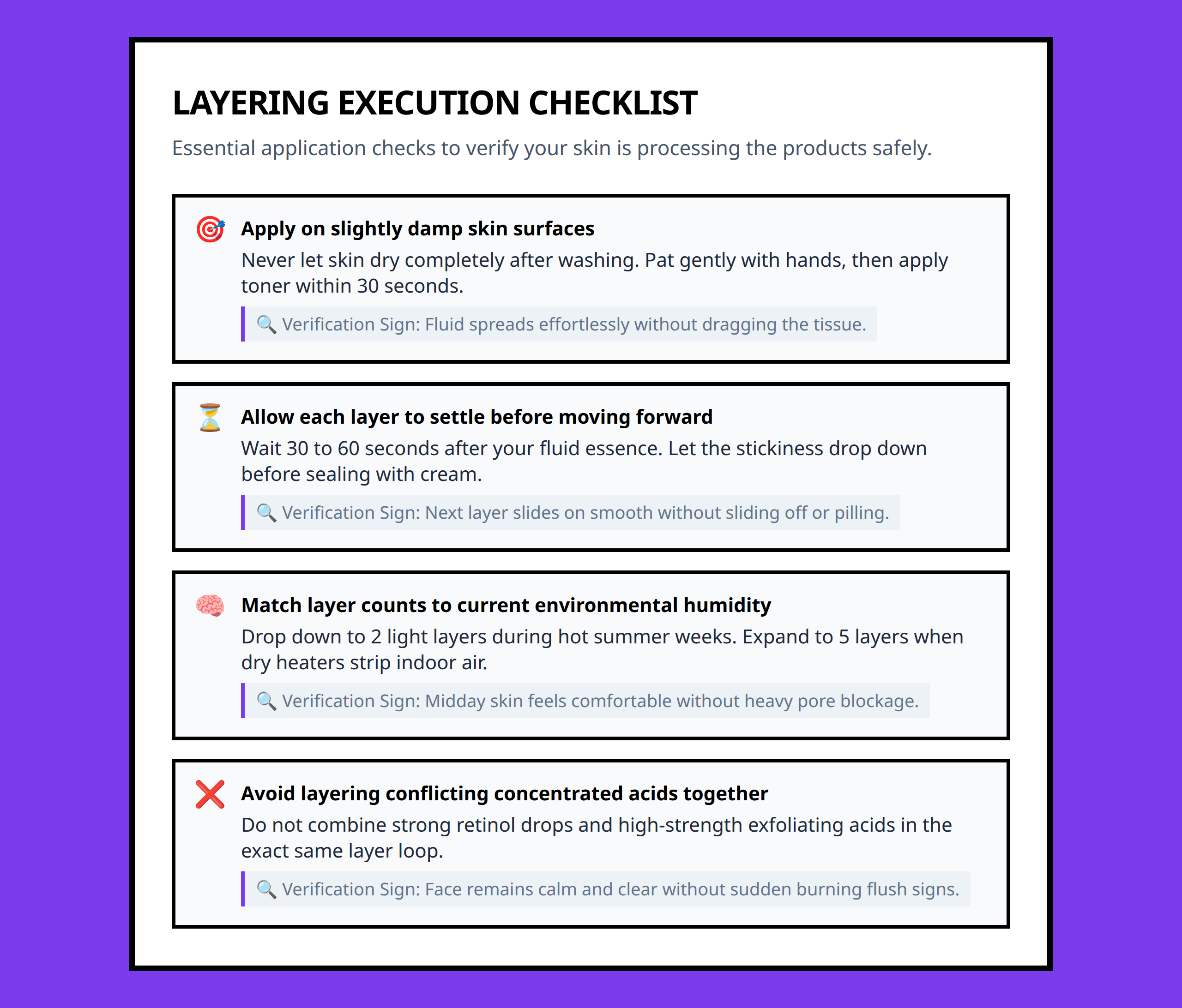 Skincare layering application checklist with actions and verification signs
