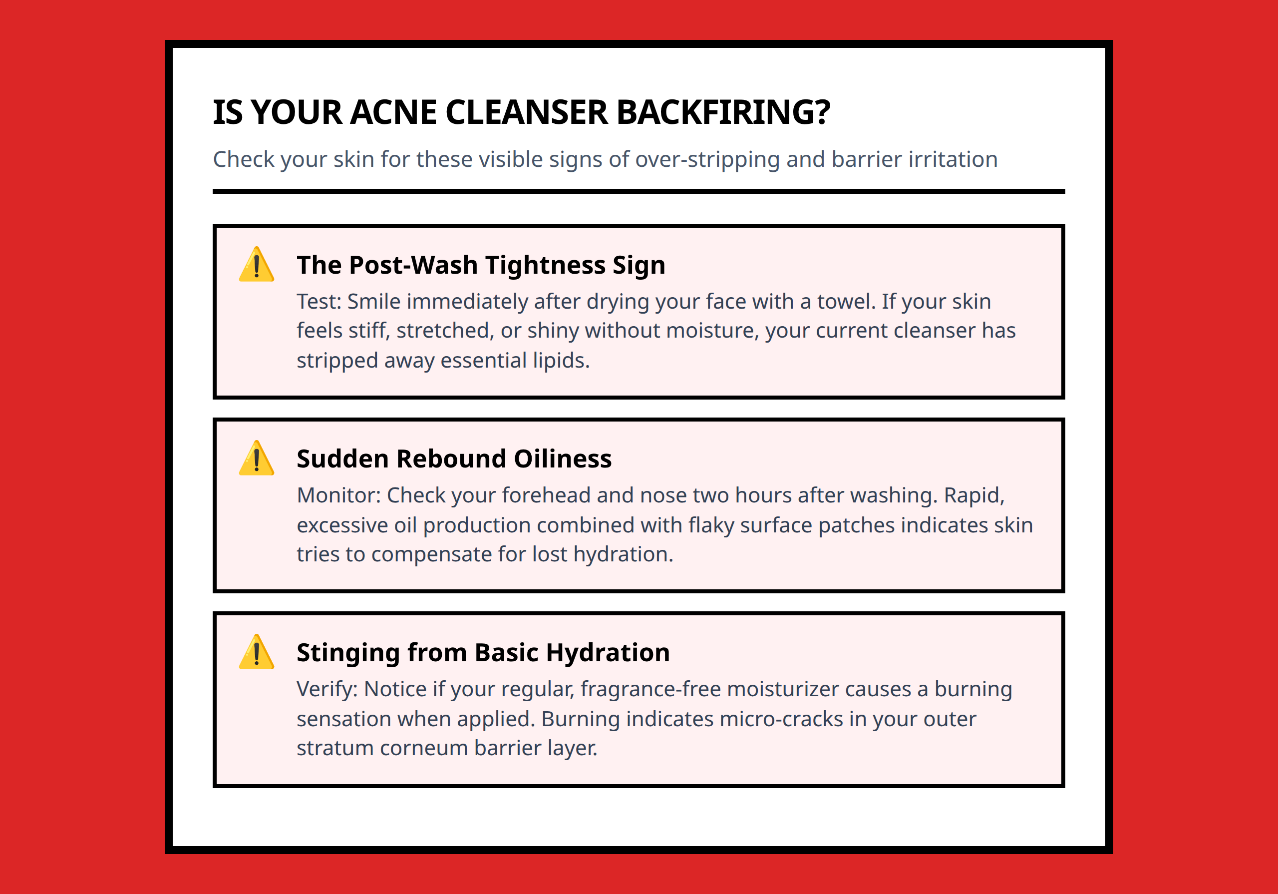 Checklist highlighting visible signs of skin barrier damage from harsh acne cleansers