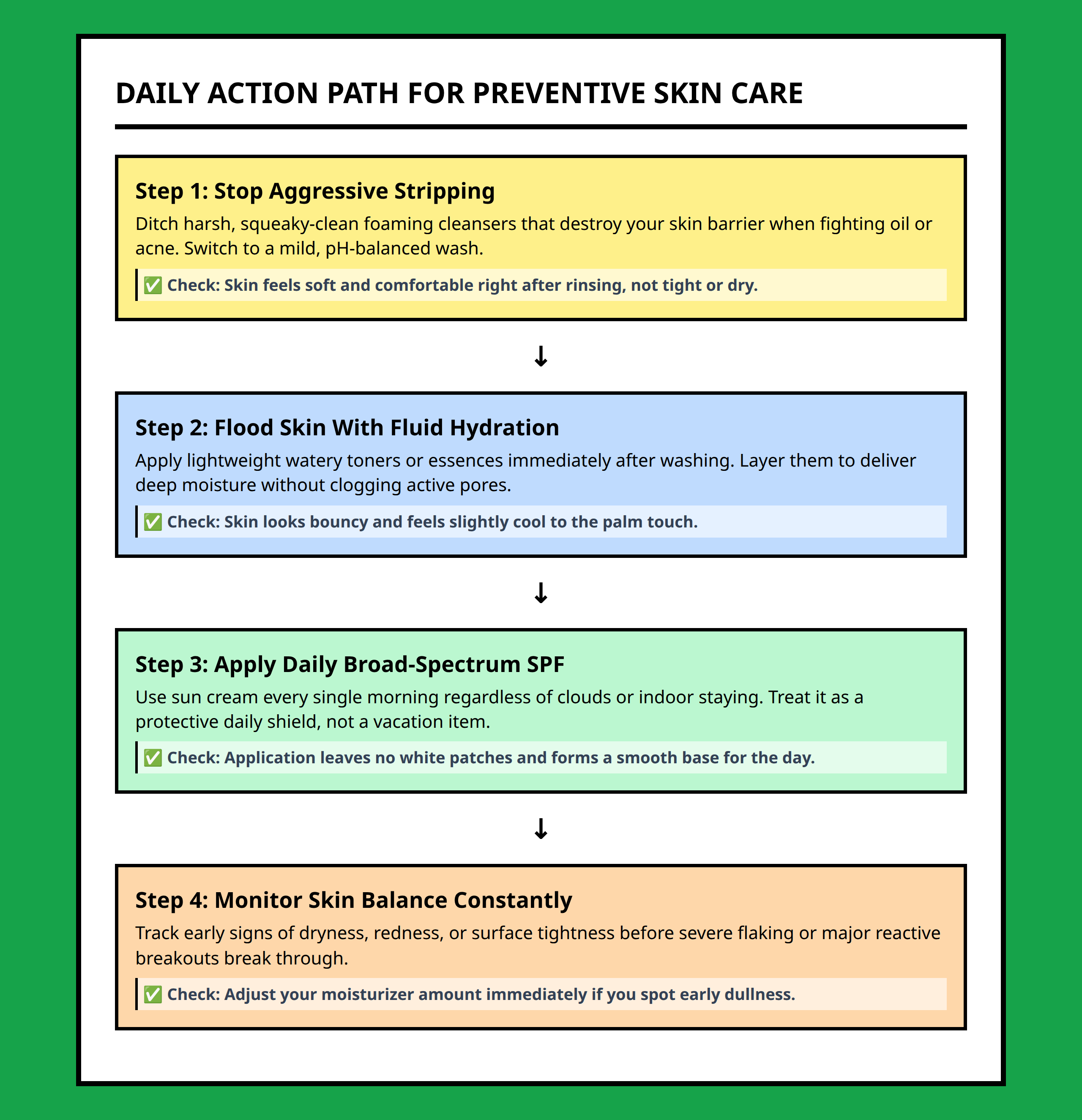 Flowchart showing the step by step process of building a Korean prevention skincare habit.