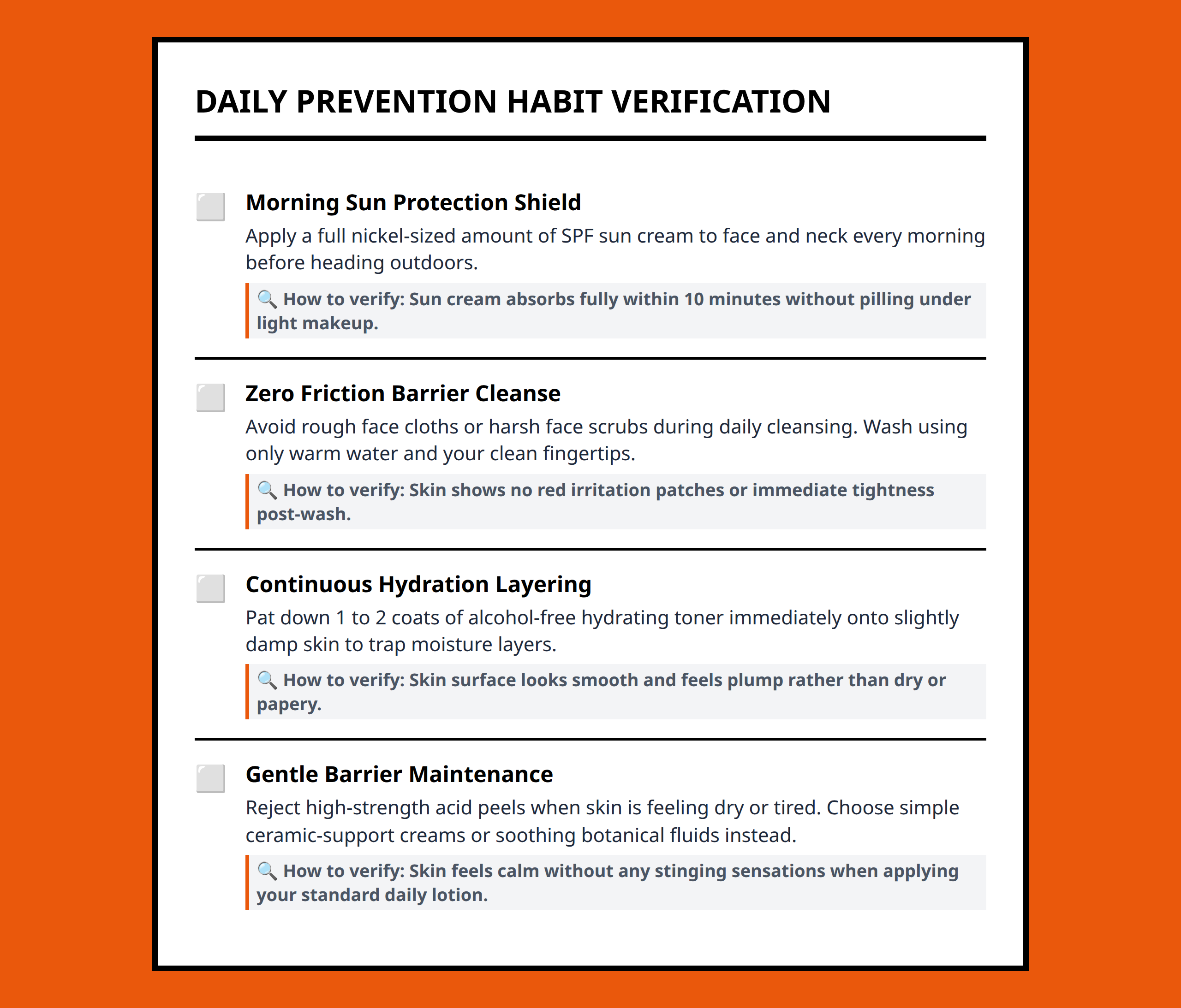 Checklist of core Korean preventive skincare habits focusing on protection and hydration.