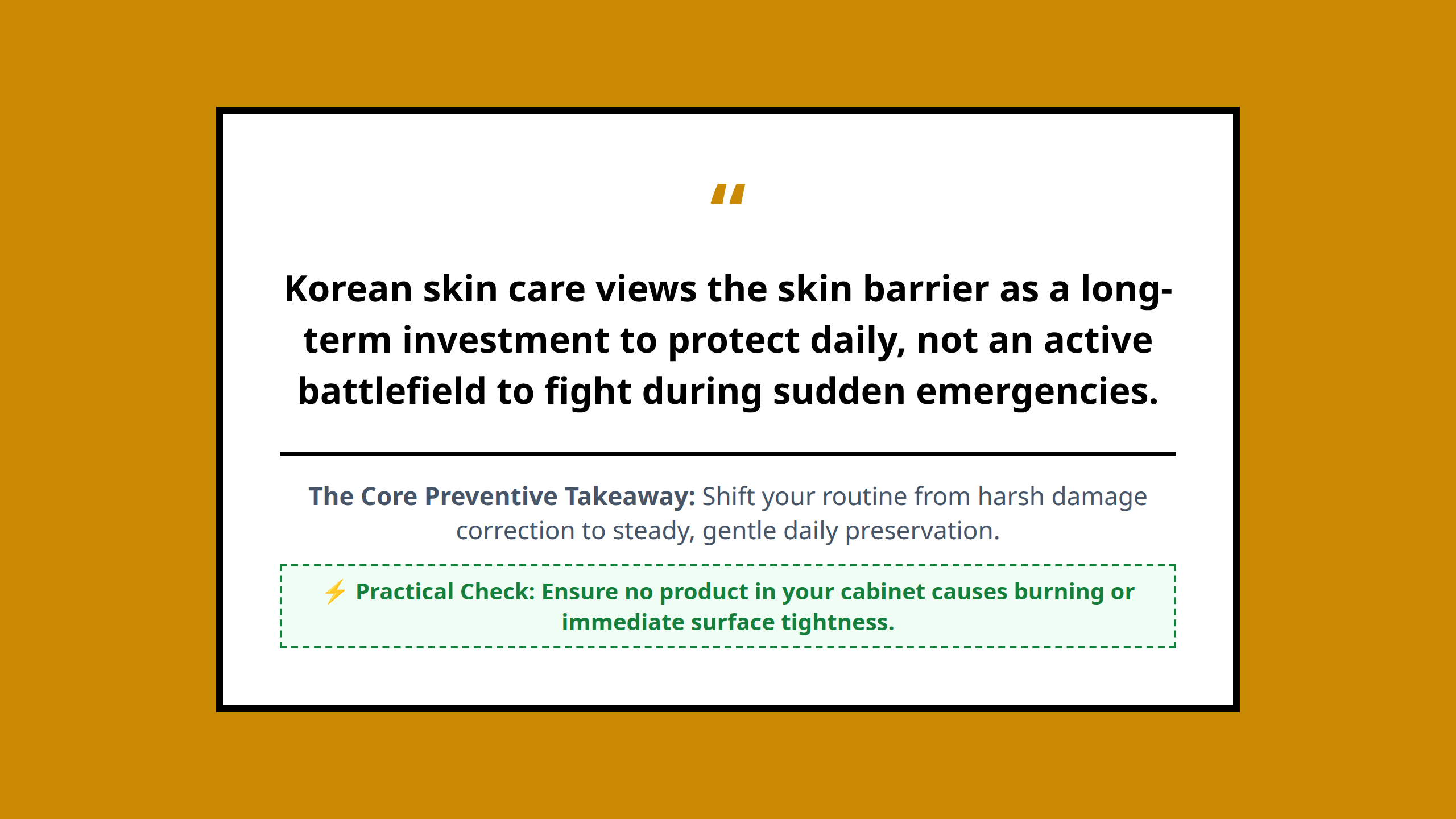 Quote graphic emphasizing long term skin health over sudden emergency fixes.