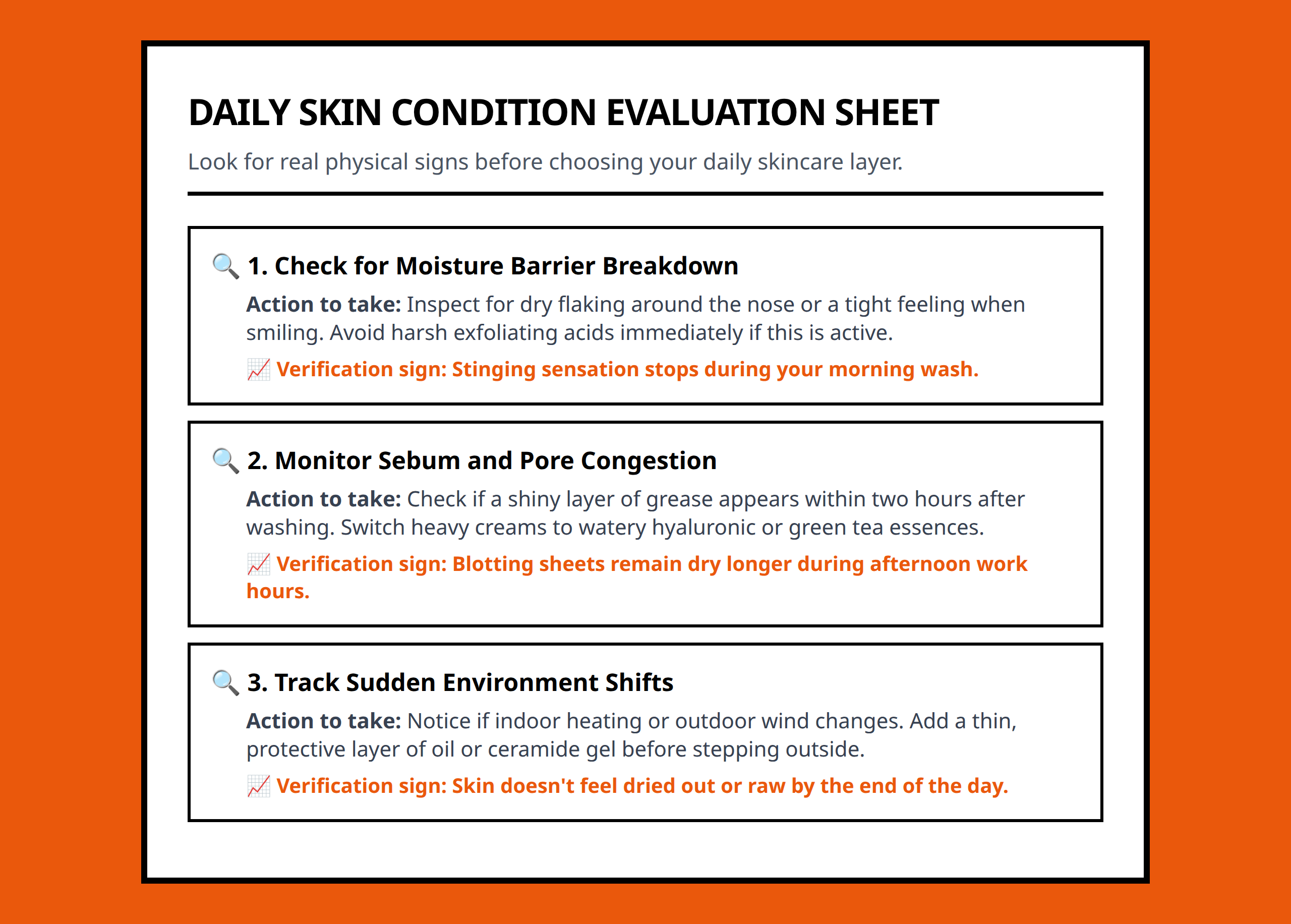 Skin condition evaluation checklist for tracking actual personal skin problems instead of age