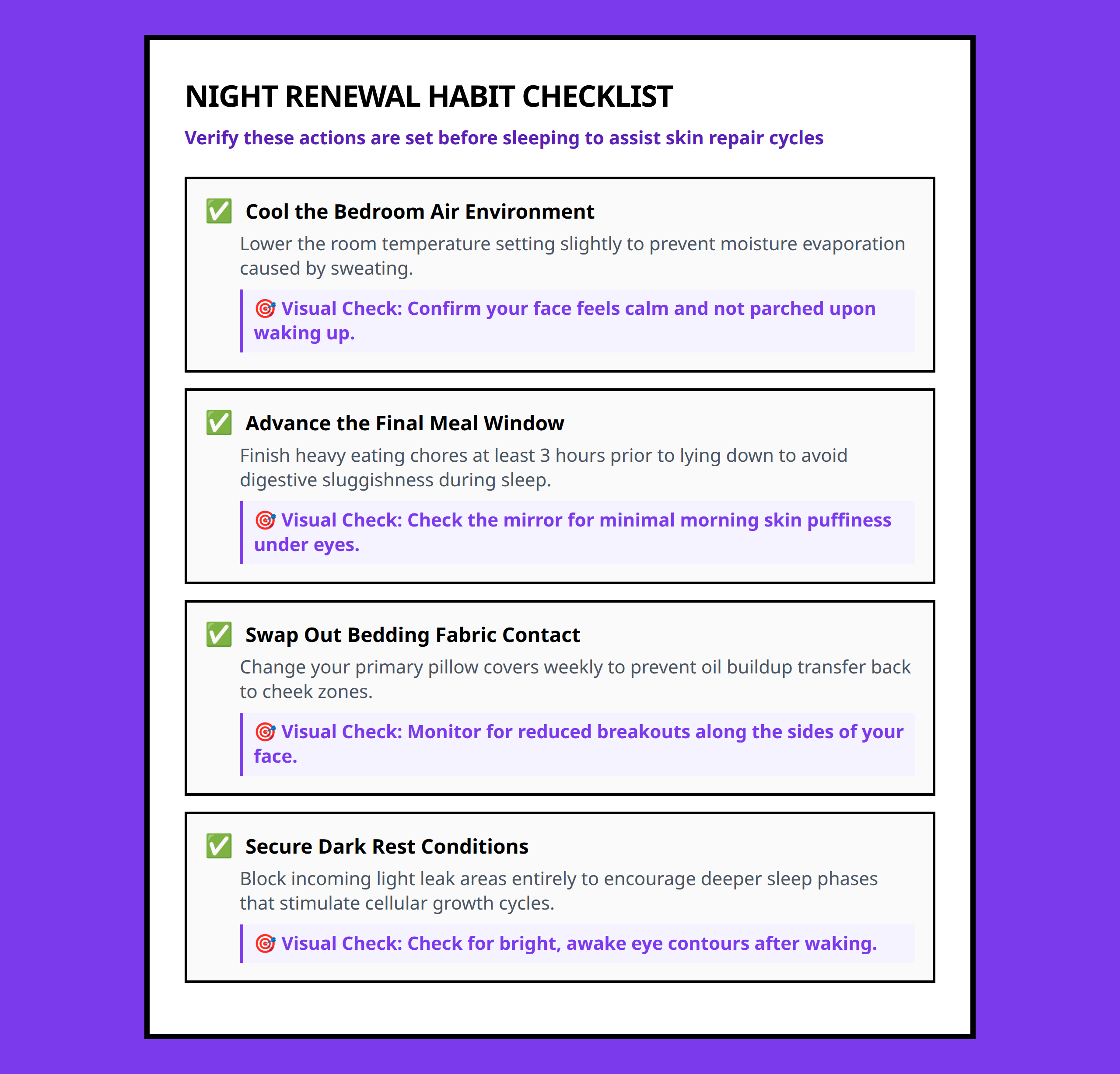 Sleep-readiness skin health checklist showing action items and visual checks for morning results
