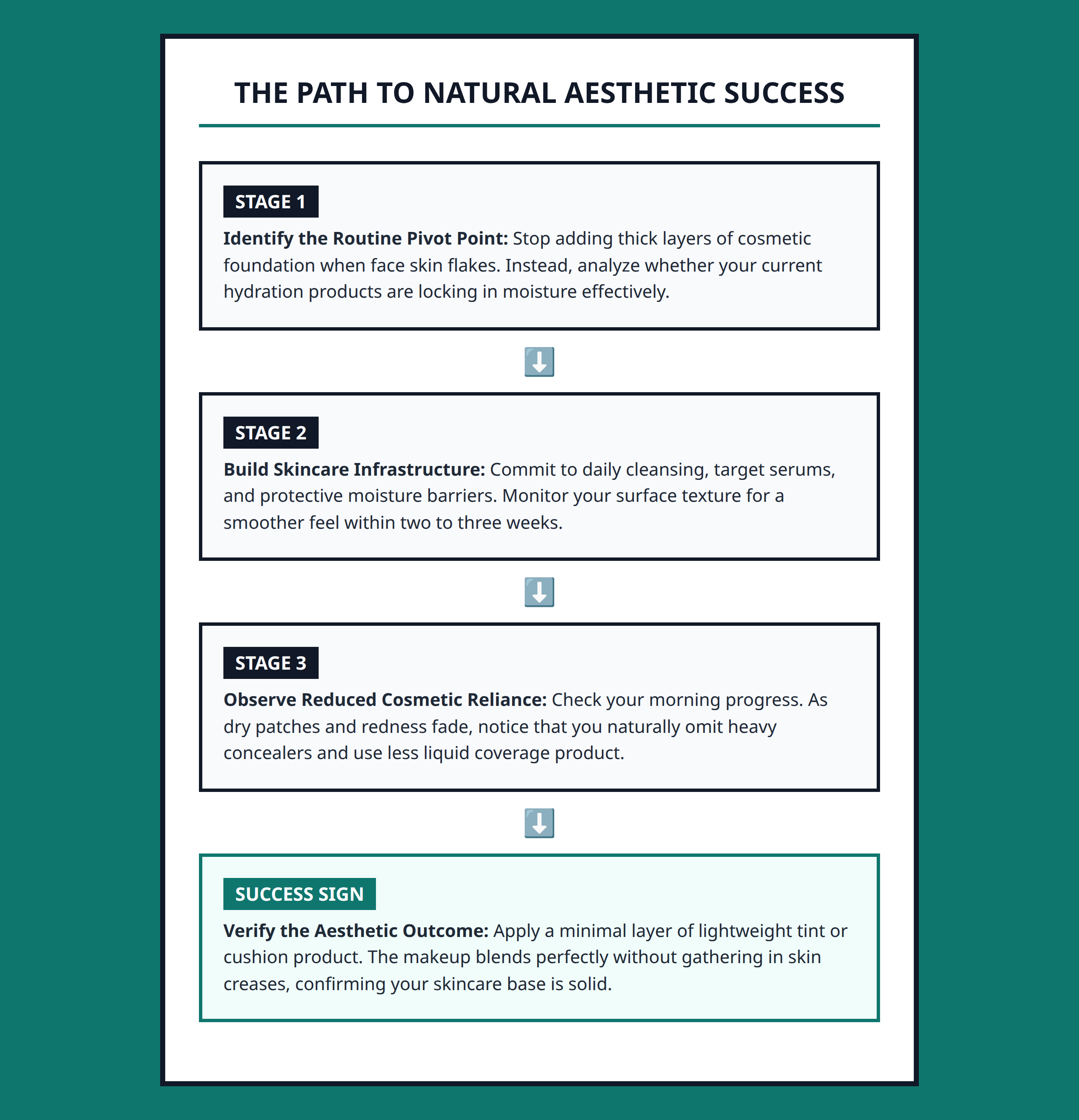 Flowchart showing how healthy skincare reduces reliance on cosmetic coverage layers