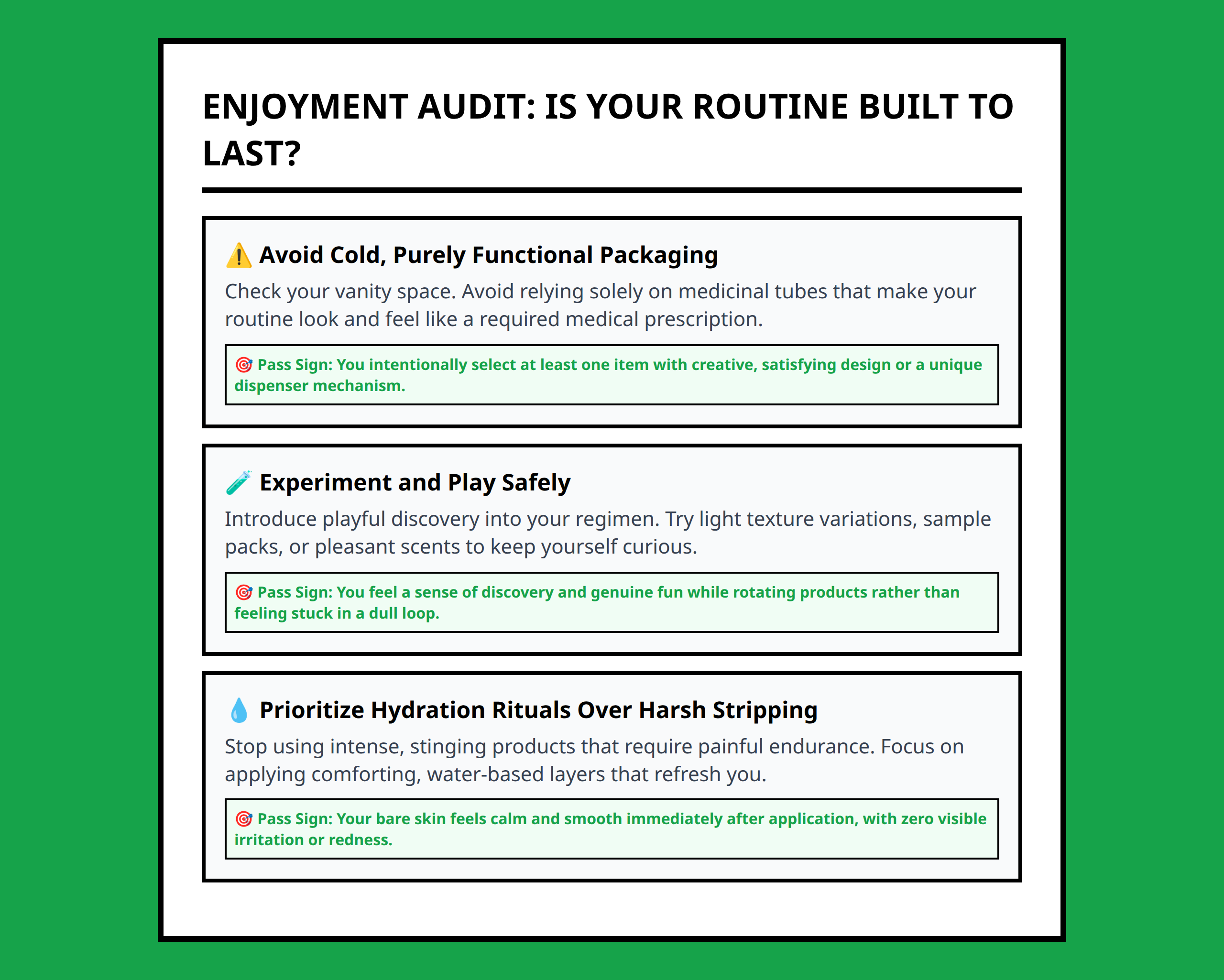 Checklist for assessing the enjoyment and habit consistency of your skincare routine.