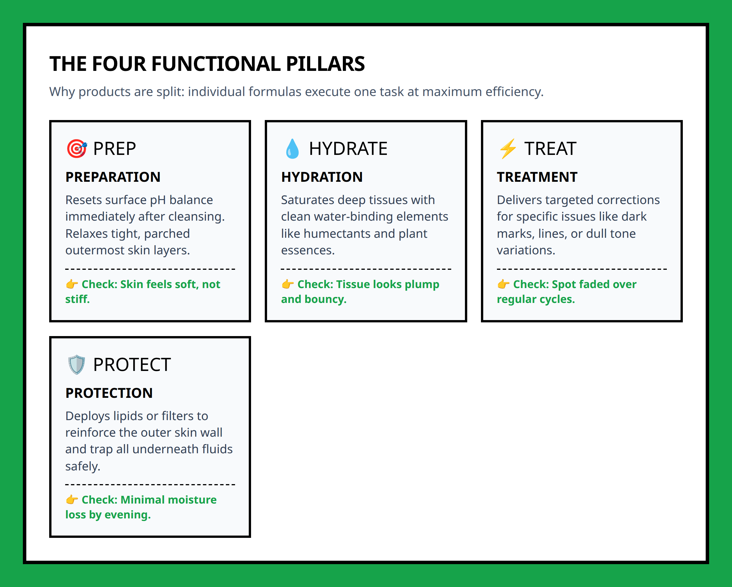 Card grid showing the four functional roles of Korean layered skincare system