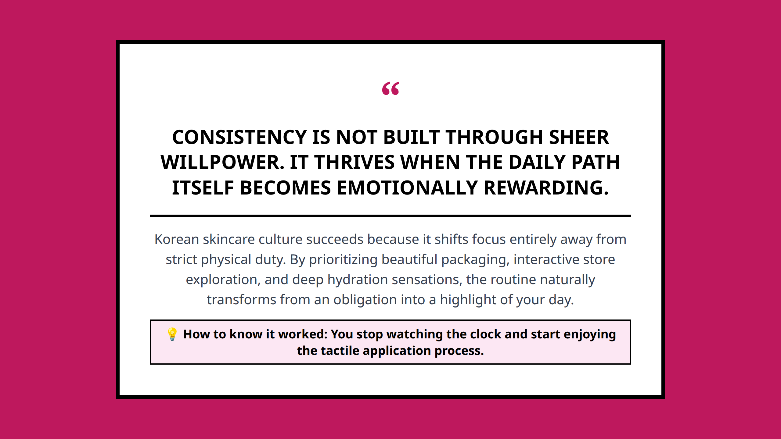Core cultural takeaway regarding the psychological impact of Korean skincare rituals.