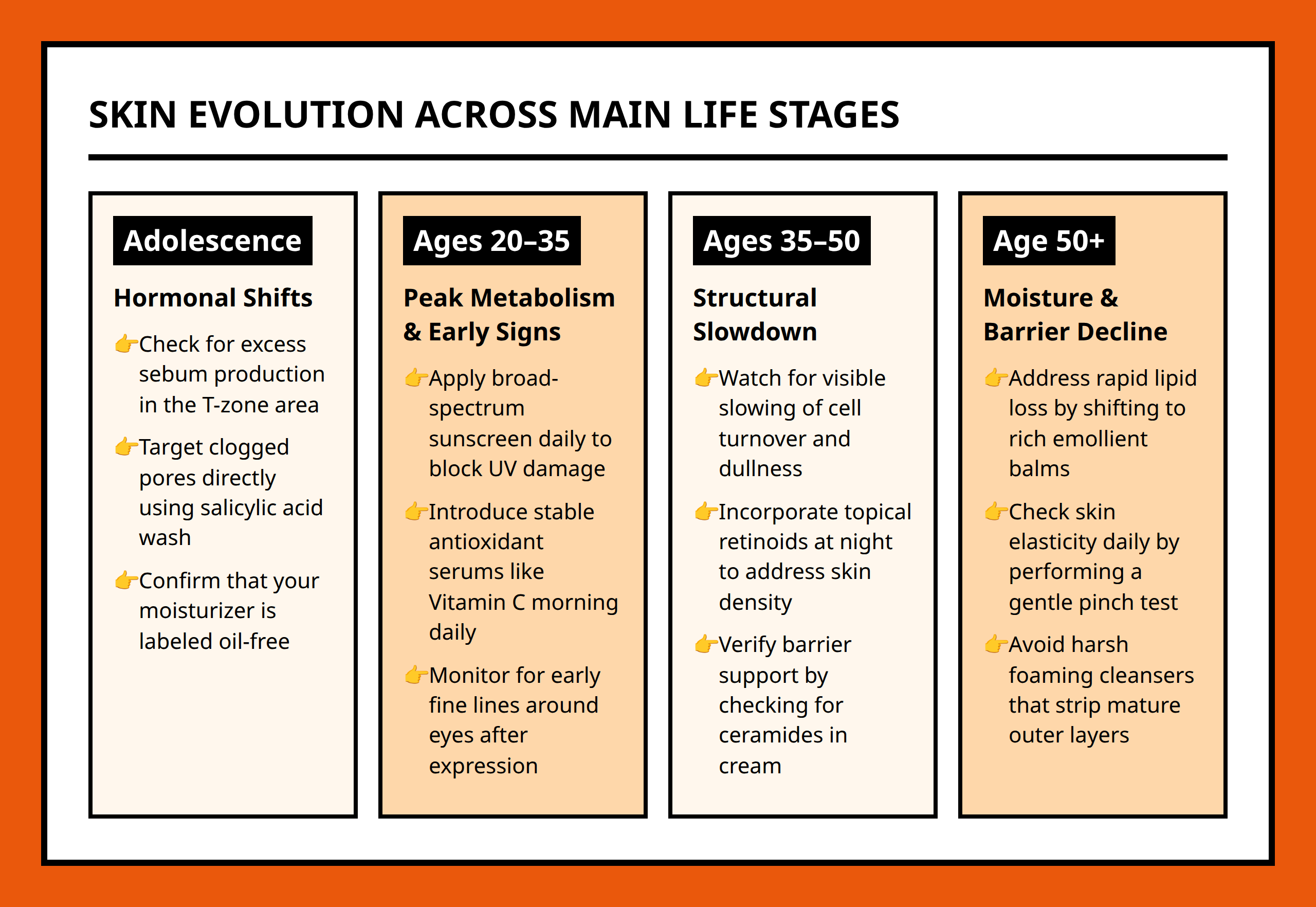 Timeline graphic mapping primary skin changes and core responses from adolescence past age fifty