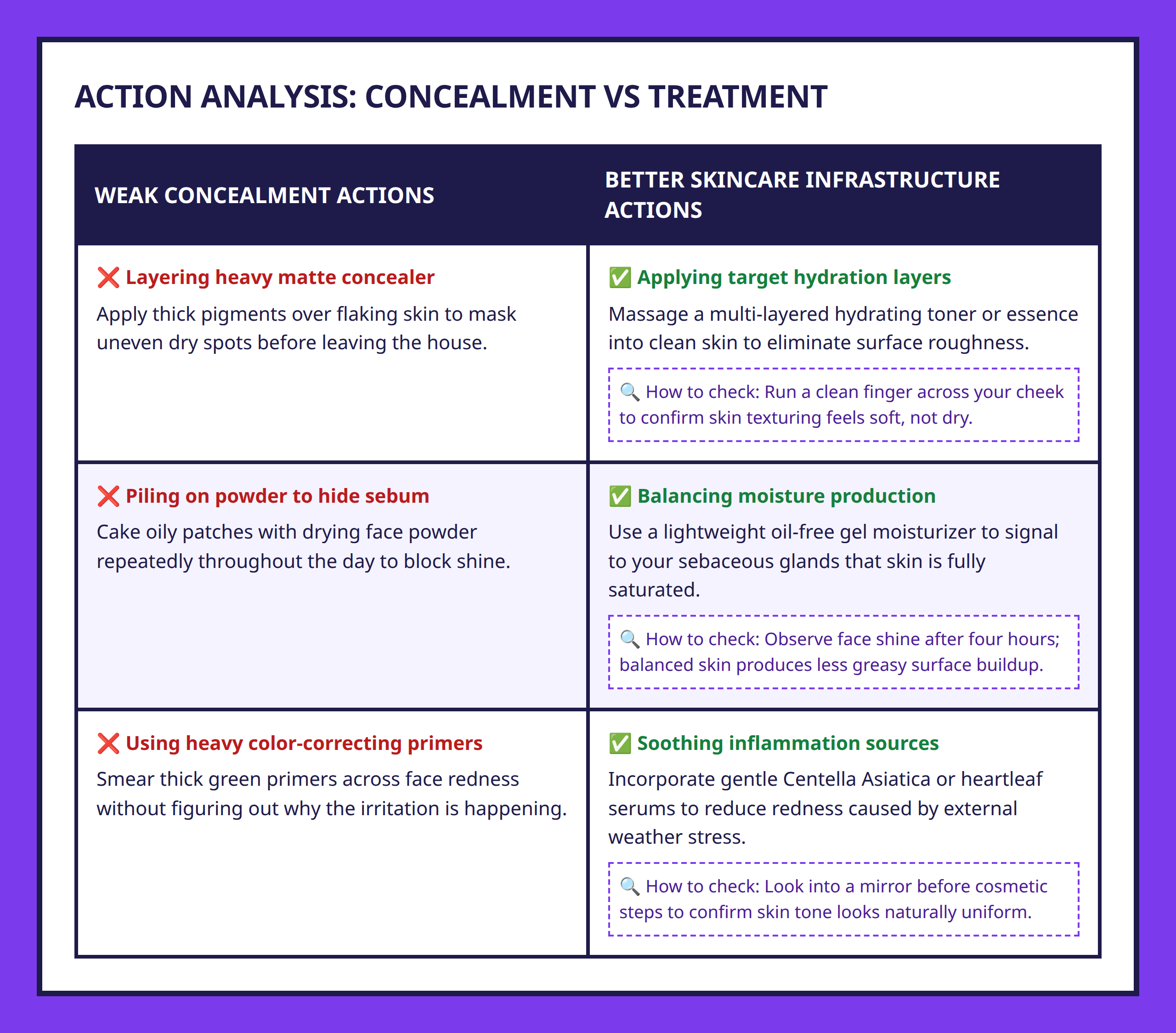 Comparison table separating bad cover choices from effective skincare actions